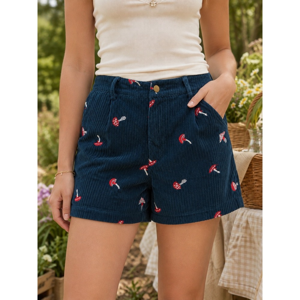 Unbranded Mushroom Embroidered Corduroy High Rise Shorts S 4-6 Blue